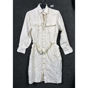 Ralph Lauren Black Label Silk Shirt Dress Womens Size 8 Ivory Long Sleeve Belted